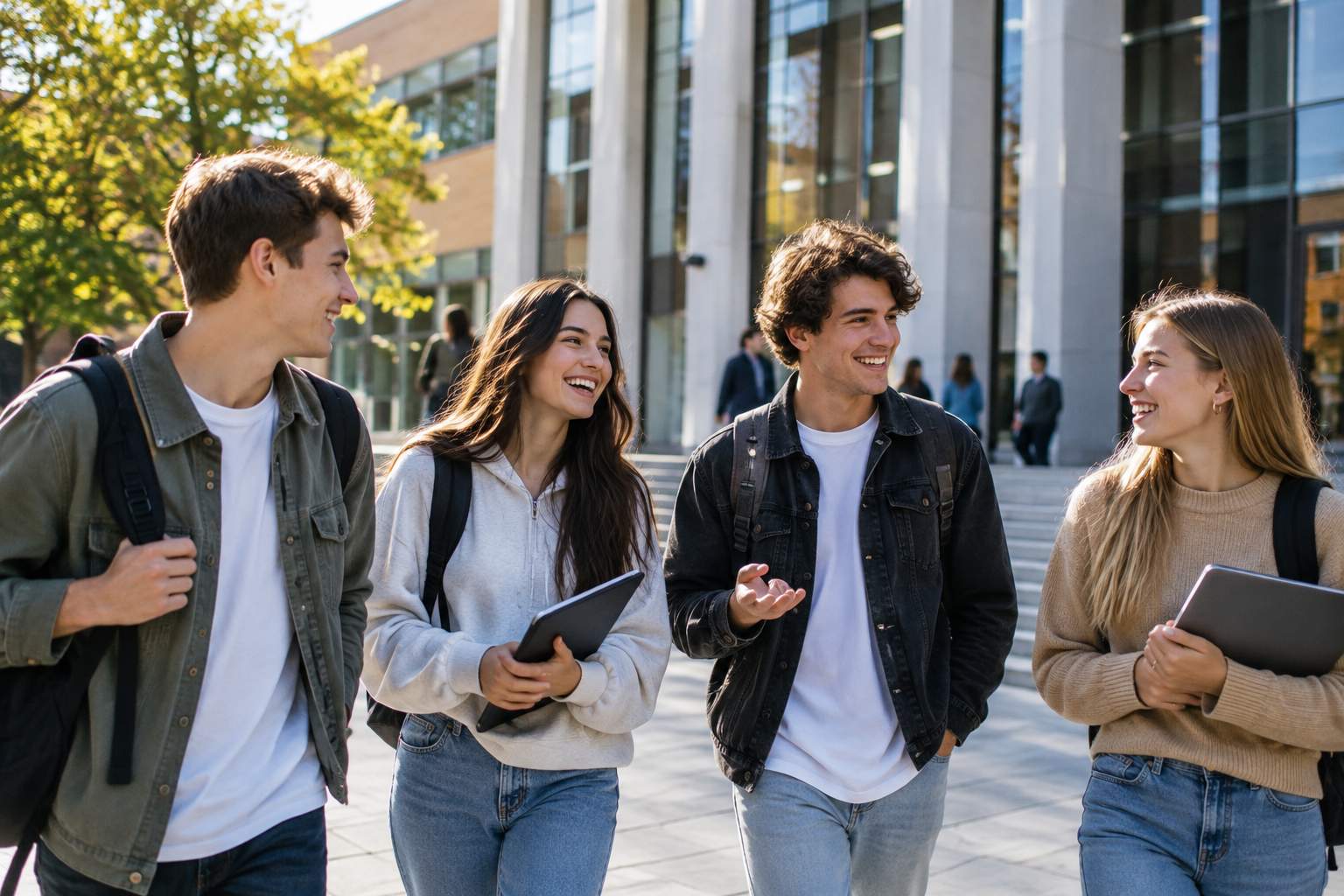 Besišypsantys jauni žmonės prie universiteto pastato